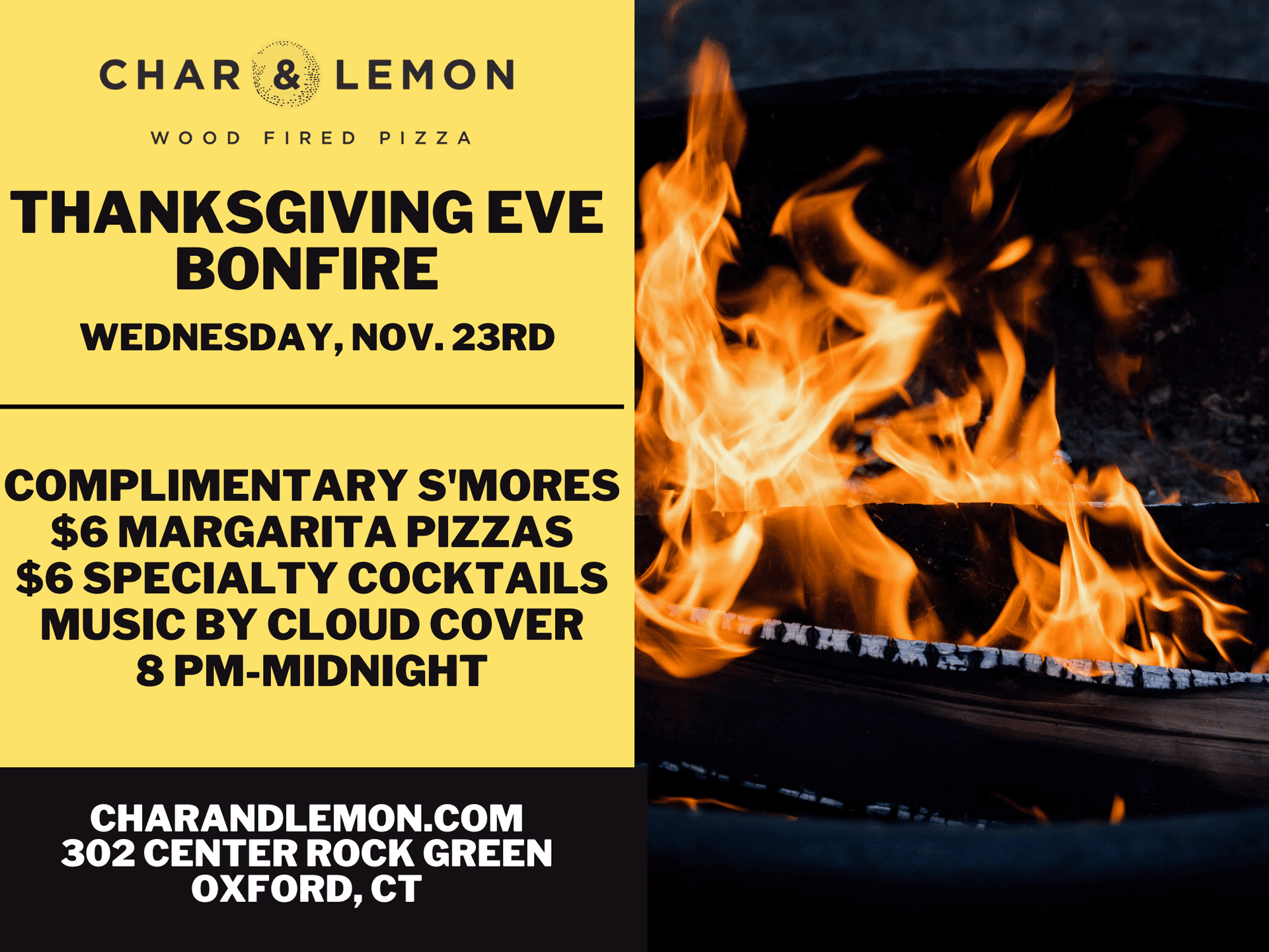 Join us for a Thanksgiving Eve Bonfire from 8 PM-Midnight!